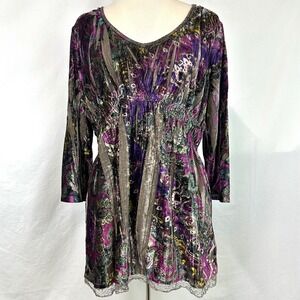 ENERGE WORLD WEAR Purple Velvet Paisley V Neck Babydoll Top 2000s Y2K Women's XL